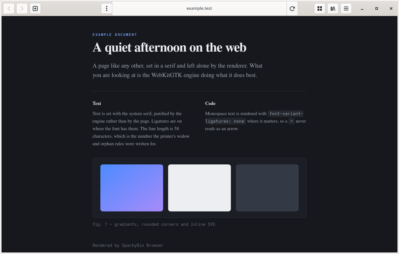 A SparkyBin Browser window showing a page of text, with the address bar reading example.test