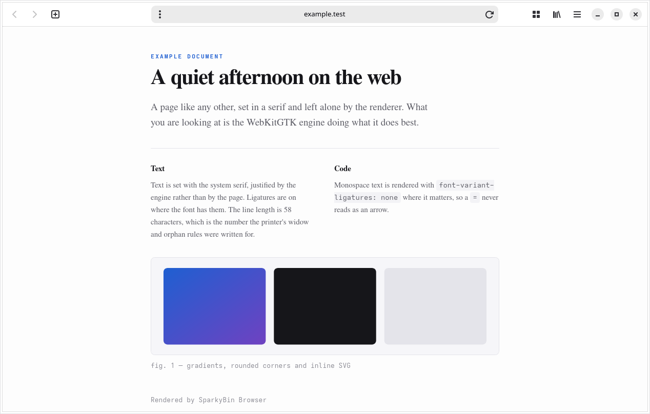 A SparkyBin Browser window showing a page of text, with the address bar reading example.test